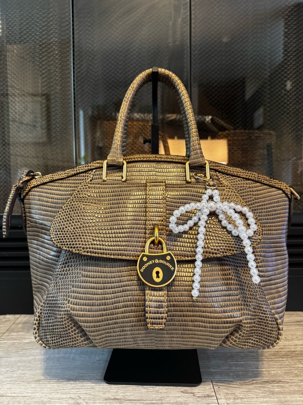 Dooney & Bourke brown/gray Samba Lizard-Texture Satchel with Pearl Bow Charm